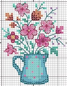 a cross stitch pattern with flowers in a blue vase on a white gridded background