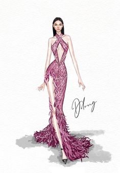 a drawing of a woman in a purple dress