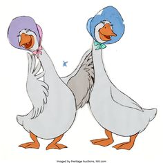 two ducks wearing hats and standing next to each other with one holding the other's head