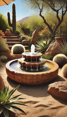 a fountain in the middle of a desert garden with cactus and cacti around it