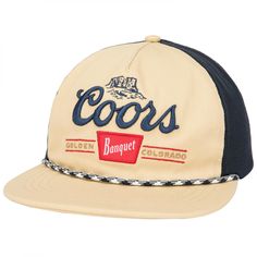 PRICES MAY VARY. Officially licensed apparel 100% Polyester woven blend fabric - Classic 5 panel low profile slouch structured crown with mesh back panels and flat brim Embroidered logo graphics at front with rope detail at brim Top button, sweat tapes, and details in contrast colors Adjustable plastic snap fastener on back - One size fits most (unisex adult sizing) Officially licensed Coors Banquet Rope Logo Canvas Snapback Hat. This black and brown "Coors Banquet" Snapback Hat is made from canvas and features a classic "Coors Banquet" graphics on the front with a matching rope above the bill and adjustable mesh snapback. Hats With Rope, Colorado Logo, Coors Banquet, Golden Colorado, The Bill, Logo Graphic, Baseball Caps, Snapback Hat, Black And Tan