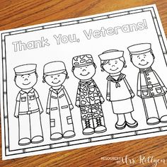 a veterans coloring page with the words, thank you veterans on it and an image of three soldiers