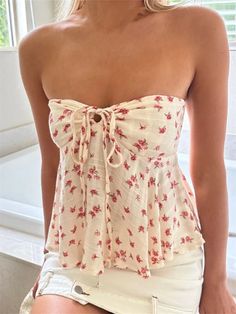 Strapless Off Shoulder Ruched Tube Tops Women Front Tie-up Ruffles Summer Party Clubwear Tank Floral Print Mini Vest Fairy Aesthetic Clothes, Aesthetic Clothes Y2k, Traje Cowgirl, Backless Shirt, Dirndl Outfit, Bandeau Tops, Bandeau Crop Top, Summer Streetwear, Tube Tops