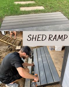 Build a shed ramp Shed Ramps Ideas, Ramp For Shed How To Build, Diy Shed Steps, How To Build A Ramp, Shed Steps, Shed Ramp Ideas, Ramp For Shed, Build A Ramp, Shed Organization Ideas