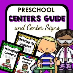 the center sign for preschool centers is shown with two children sitting in front of it