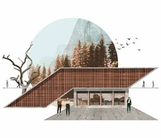 an architectural rendering of a building with mountains in the background and people walking around it