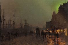 a painting of people walking down a street at night