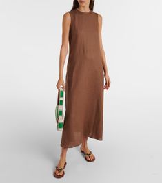 Tallin linen maxi dress in brown - Asceno | Mytheresa Vacation Linen Maxi Dress, Spring Linen Maxi Dress With Side Slits, Maxi Linen Dress For Vacation, Maxi Length Linen Dress For Vacation, Linen Chic Maxi Dress, Chic Linen Maxi Dress, Linen Midi Dress With Side Slits, Elegant Linen Dress With Side Slits, Linen Dress With Side Slits