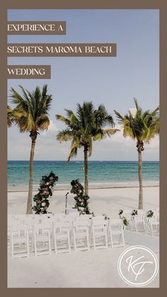 an outdoor ceremony setup on the beach with palm trees and chairs set up for it