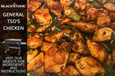 chicken wings with green peppers and onions in a pan on the stove top text reads blackstone general tso's chicken visit our website for ingredients and instructions