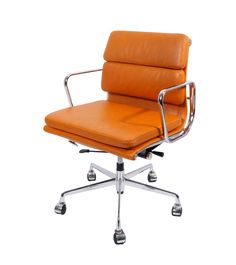 an orange leather office chair with chrome legs and arms, viewed from the front view