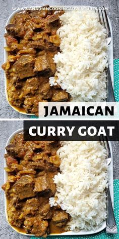 two plates filled with rice and beef curry next to each other on a blue towel