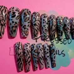 Unleash Your Wild Side With This Stunning Animal Print Press-On Nail Set! Featuring A Captivating Blend Of Leopard And Zebra Prints On A Soft Pink Base, These Ballerina-Shaped Nails Are A True Statement Piece. The Design Is Brought To Life With Shades Of Black And A Hint Of Blue, Adding A Touch Of Abstract Elegance. Each Set Includes 20 Handmade Nails In Sizes 0-9, Ensuring A Perfect Fit For Every Nail. Plus, You'll Receive A Complete Nail Care Kit With Glue, Nail File, Adhesive Nail Tape, Cutic Leopard Print Nails Black, Nail Care Kit, Handmade Nails, Handmade Makeup, Zebra Nails, Kiss Nails, Leopard Print Nails, Shaped Nails, Nail Tape