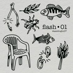 the different types of fish and plants are drawn in black ink on white paper,