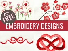 embroidery designs for valentine's day with the text free embroidery designs in red and white