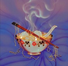 a bowl filled with noodles and chopsticks on top of a blue swirl background