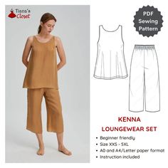 an image of a woman wearing a top and pants with the sewing pattern on it