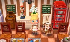 an animal crossing character is standing in front of some tables and chairs with food on them