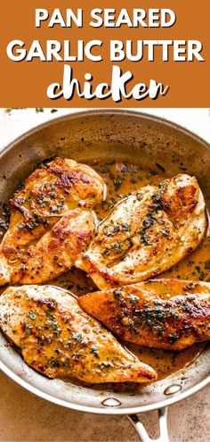 pan seared garlic butter chicken in a cast iron skillet with text overlay