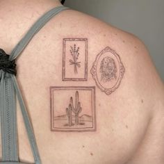 a woman's back with pictures and cactus tattoo on her left side ribcage