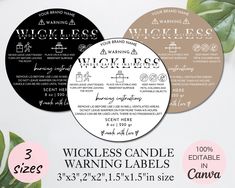 the wickless candle warning labels are shown in three different colors and font options