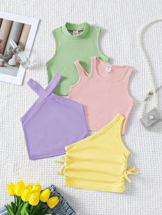 4pcs Set Young Girl Solid Knit Cropped Fitted Casual Tank Top Multicolor Casual    Plain Tank Slight Stretch  Young Girls Clothing, size features are:Bust: ,Length: ,Sleeve Length: Neon Fits, Cute Easy Outfits For School, Pastel Tops, Adrette Outfits, Clueless Outfits, Casual Outfits For Teens, Cute Dress Outfits, Casual Preppy Outfits, Trendy Fashion Tops