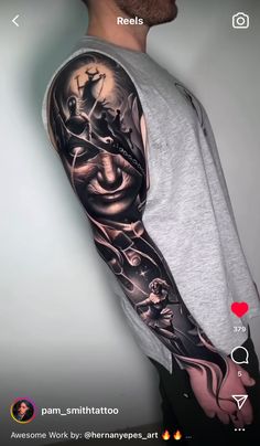 a man's arm with a clock tattoo on it, and an image of a woman