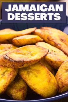 a bowl filled with sliced bananas on top of a wooden table and the words jamaican desserts above it