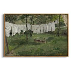 an oil painting of clothes hanging out to dry on a line in a field with trees and grass