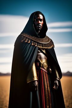 a man dressed in black and gold standing in the desert with his hands on his hips