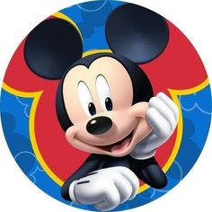 a mickey mouse with his arms crossed and eyes wide open in front of a circular background