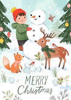 a little boy standing next to a snowman and two deer in front of christmas trees