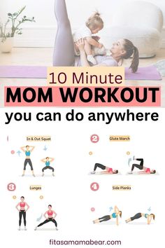 Top image of a mom and baby exercising and the bottom of graphics of exercises with text between the images. Busy Mom Workout Plan, Busy Mom Workout Schedule, Mom Workout Schedule, Mom Workout Plan, Workout For Moms, Quick Workout At Home, Busy Mom Workout, Mom Workout, At Home Yoga