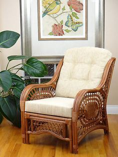 a wicker chair sitting on top of a hard wood floor next to a potted plant