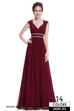 Empire V-neck Floor-length Chiffon Formal Dress With Beading Simple Gown Designs, Chiffon Formal Dress, Simple Gown, Delicate Gown, Gown Designs, Burgundy Dresses, A Line Evening Dress, Burgundy Bridesmaid Dresses, Ever Pretty