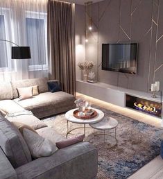 the living room is decorated in neutral colors