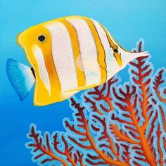 an acrylic painting of a yellow and white striped fish on a coral reef