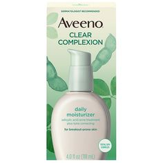 Bottle of Aveeno Clear Complexion acne-fighting daily facial moisturizer for breakout-prone skin Acne moisturizer helps prevent breakouts and clear up acne for clearer and radiant-looking skin Formulated with 0.5% salicylic acid, a proven and powerful acne-fighting ingredient Contains Total Soy Complex to help visibly even out skin tone and complexion and smooth texture Daily moisturizer is fast-absorbing and gentle, leaving your skin feeling soft and smooth Oil-free formula is non-comedogenic, Aveeno Clear Complexion, Aveeno Positively Radiant, Daily Moisturizing Lotion, Gel Face Moisturizer, Acne Moisturizer, Daily Facial Cleanser, Salicylic Acid Acne, Clear Complexion, Face Lotion