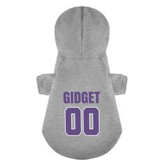 a grey dog hoodie with the words gidgett 00 printed in purple on it