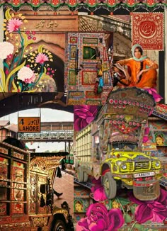 a collage of colorful images including an old truck, flowers and a man sitting on top of it