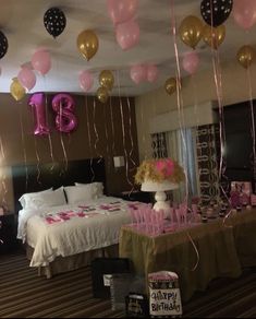 the room is decorated with balloons and streamers in pink, gold and black colors