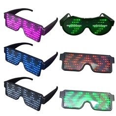 four pairs of glasses with led lights on them