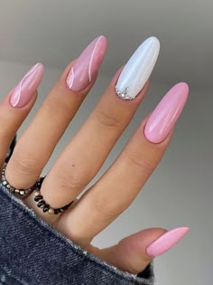 Pink polish on four fingers and white on middle finger Pink And White Nail Designs, Pink And White Nails, Pink White Nails, Pink Manicure, Minimalist Nail Art, Gel Nails Diy, Pink Nail Art, Nail Art Designs Videos