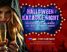 a woman holding a microphone in front of a halloween karaoke night poster