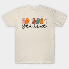 a white t - shirt with the words rockin's student in multicolored letters