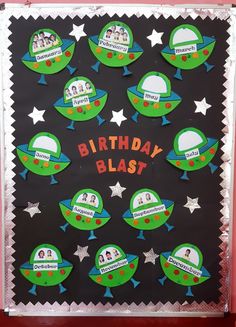 a birthday card with the words happy birthday blast surrounded by space shuttles and stars