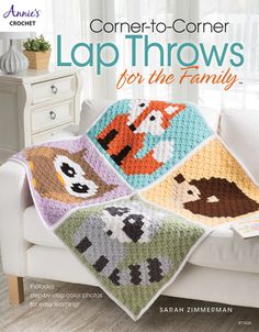 a crocheted blanket with animals on it and the words lap throws for the family