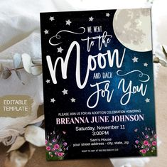 the moon and stars are in the night sky on this birthday party card, which is also available for purchase