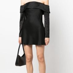 Reformation's 'Maves' Dress Solves The What-To-Wear Dilemma For Date Nights And After Parties. It's Made From Black Satin Using 88% Naia Renew Acetate - A Low-Impact Mix Of Renewable Wood Pulp And Repurposed Waste - That Looks And Feels Like Silk. The Folded Neckline Beautifully Bares Your Shoulders And Flared Sleeves. Complete Your Outfit With Heels And A Clutch. Outfit With Heels, Reformation Dress, Satin Mini Dress, Flared Sleeves, Black Satin, Dresses Xs, Date Night, What To Wear, Off The Shoulder