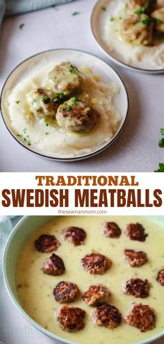 traditional swedish meatballs served with mashed potatoes and gravy in a bowl